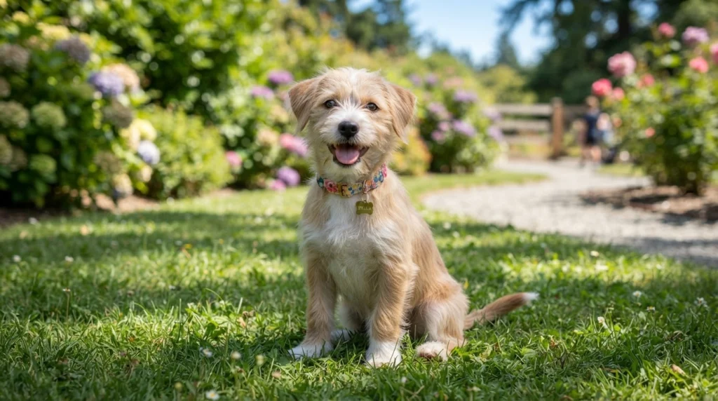 Happy female puppy sitting outdoors representing popular girl dog names