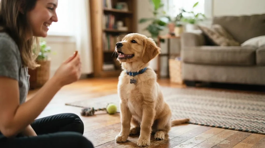 Golden retriever puppy responding to a classic girl dog name during a training session