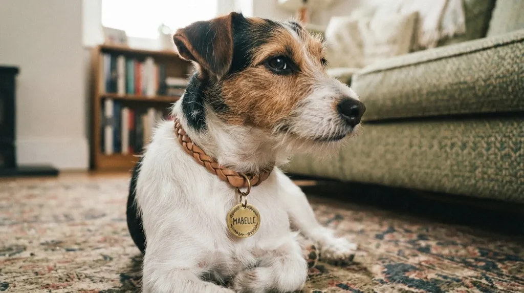 Small dog wearing a collar tag engraved with a unique girl dog name