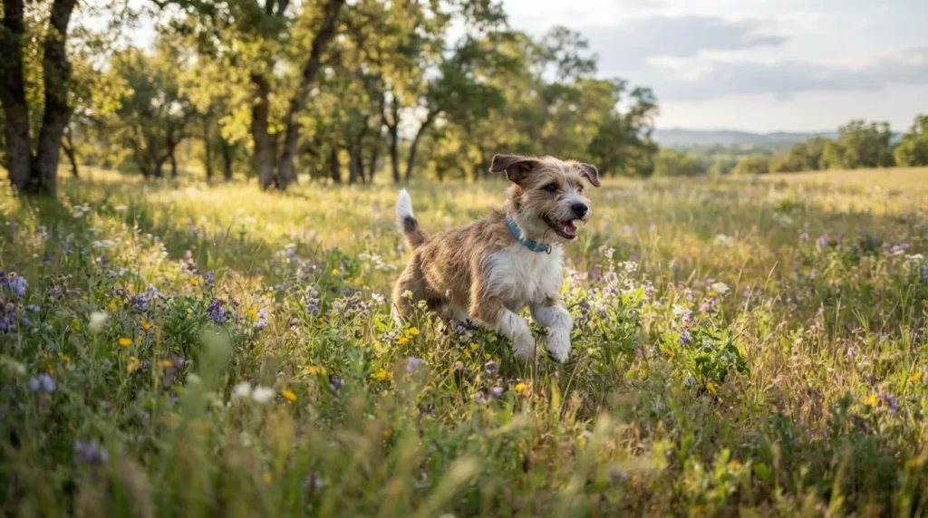Dog running through a meadow representing nature-inspired girl dog names