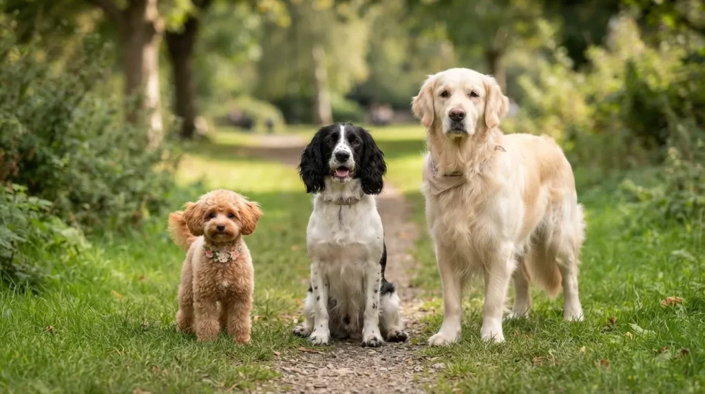 Three dogs of different sizes side by side representing girl dog names suited to each breed size