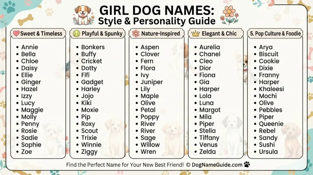 Printable chart of girl dog names organized by style and personality type