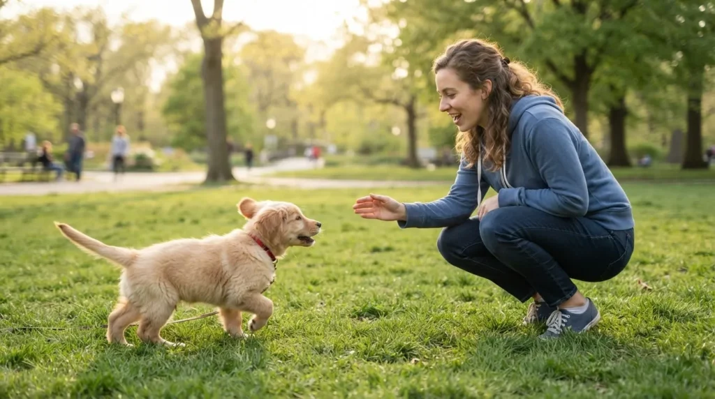 New puppy owner training a dog outdoors while calling out a chosen girl dog name
