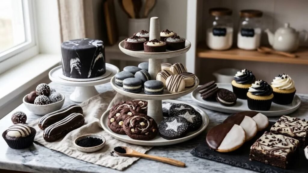 Assorted black and white themed desserts like cookies and pastries"