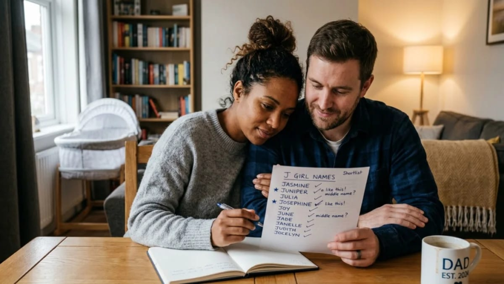 Parents reviewing a shortlist of J girl names together