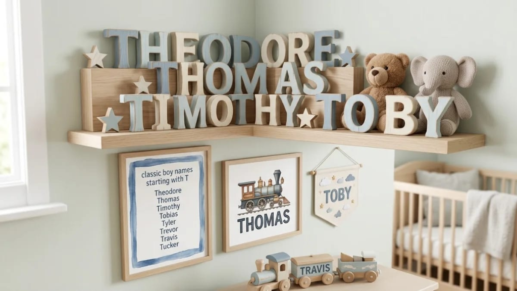 Modern nursery decor representing trendy boy names that start with T.