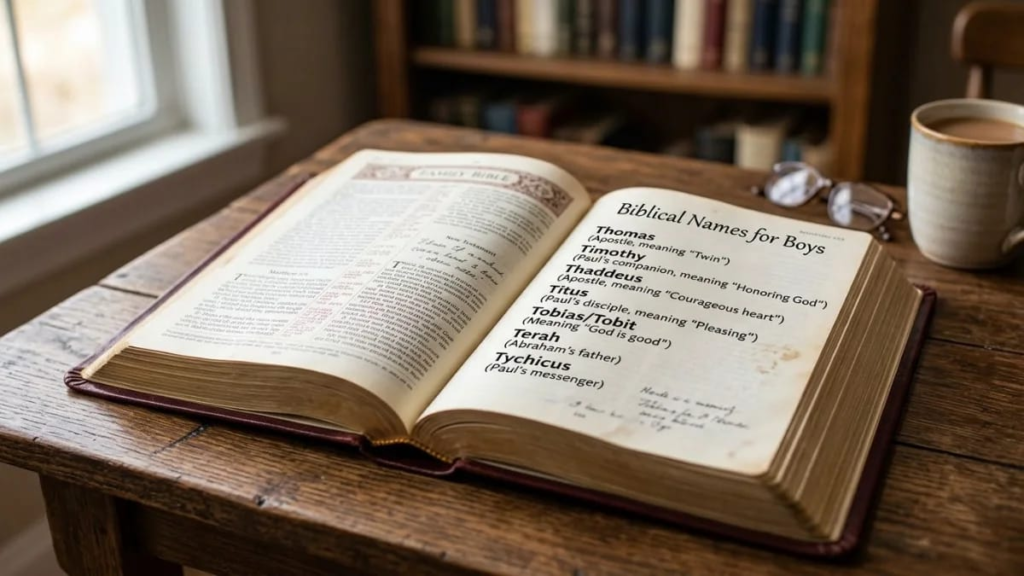 Open Bible representing biblical boy names that start with T.
