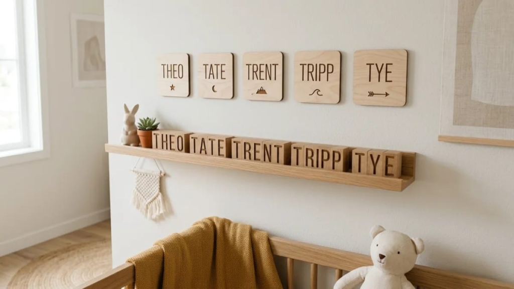 Minimalist nursery detail representing short, punchy boy names that start with T.