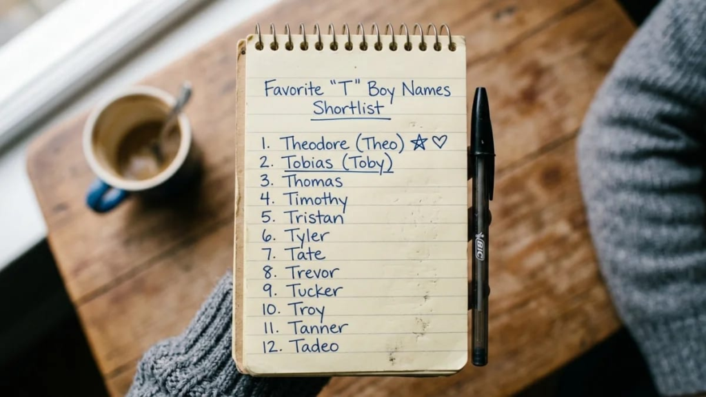 Handwritten shortlist of favorite boy names that start with T on a notepad