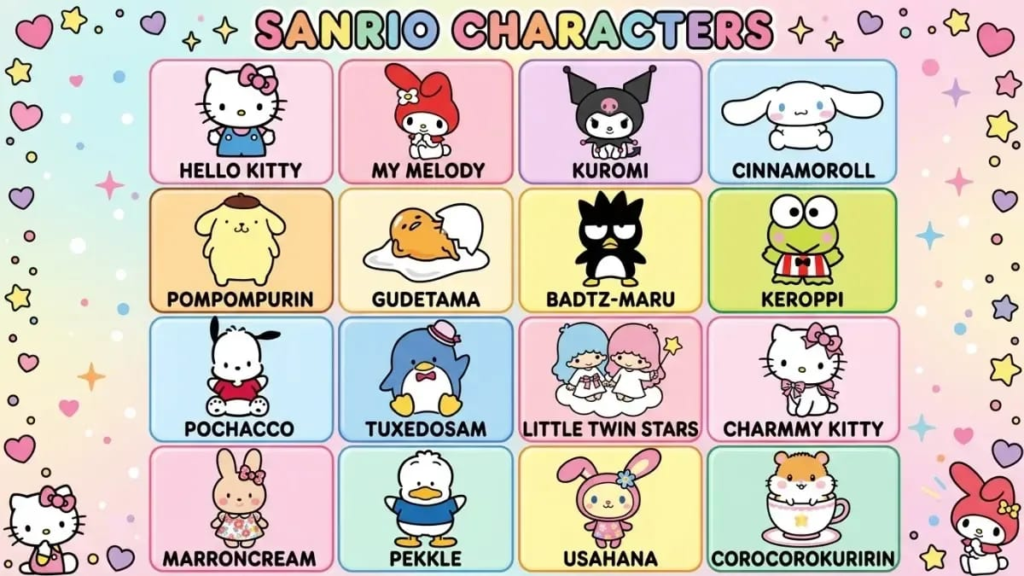Hello Kitty and Sanrio character lineup on a pastel background