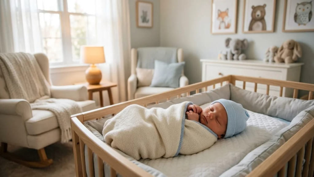 Newborn Frebch baby boy in a softly lit nursery