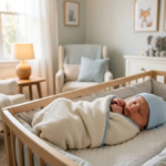 Newborn Frebch baby boy in a softly lit nursery