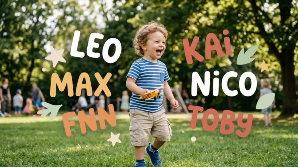 "Toddler French boy names laughing outdoors, representing short and playful names