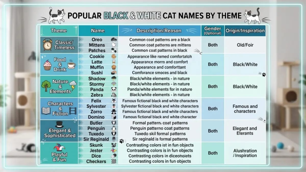 Table of popular black and white cat names with themes