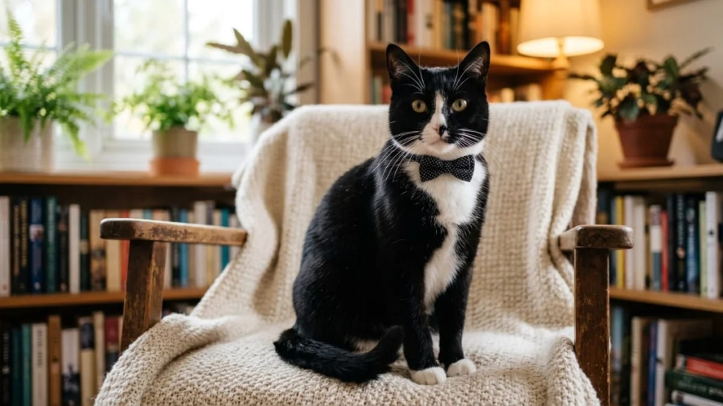 Tuxedo cat wearing a bow tie, classic black and white cat name idea