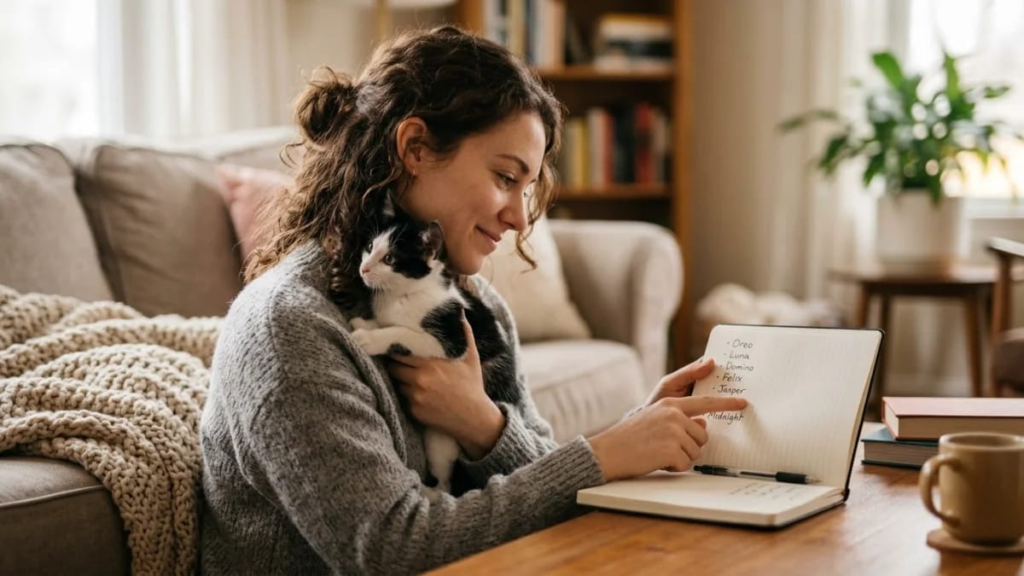 Person cuddling a black and white cat names for kitten while choosing a name