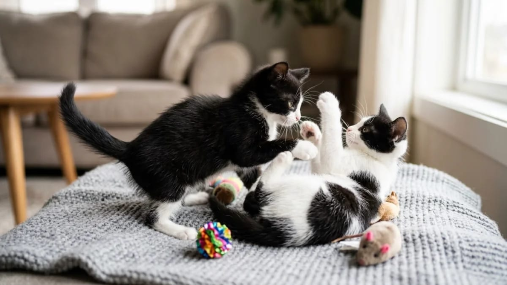 Two black and white kittens playing together, sibling name pairing idea"