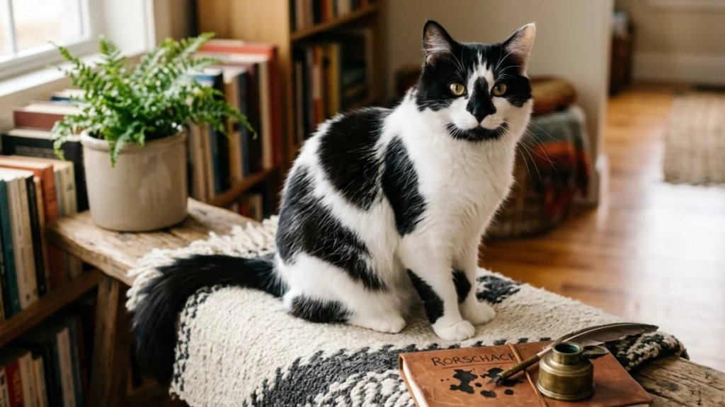 Happy black and white cat looking at the camera, closing image