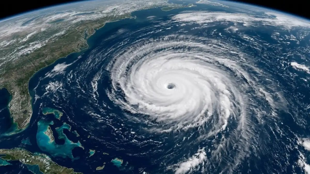 Satellite view of a hurricane spinning over the Atlantic Ocean