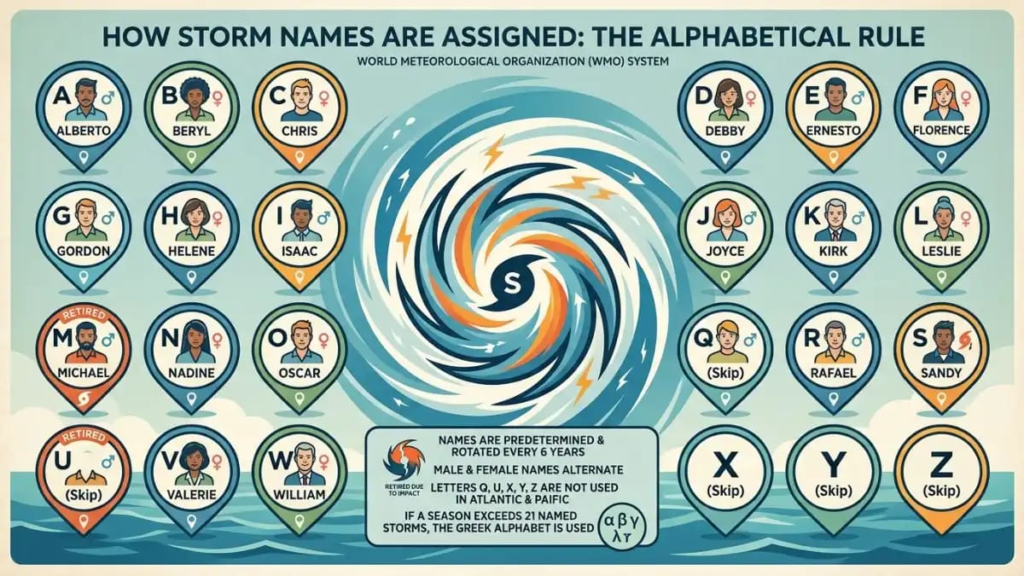 Alphabet letters with a hurricane icon representing storm naming rules"