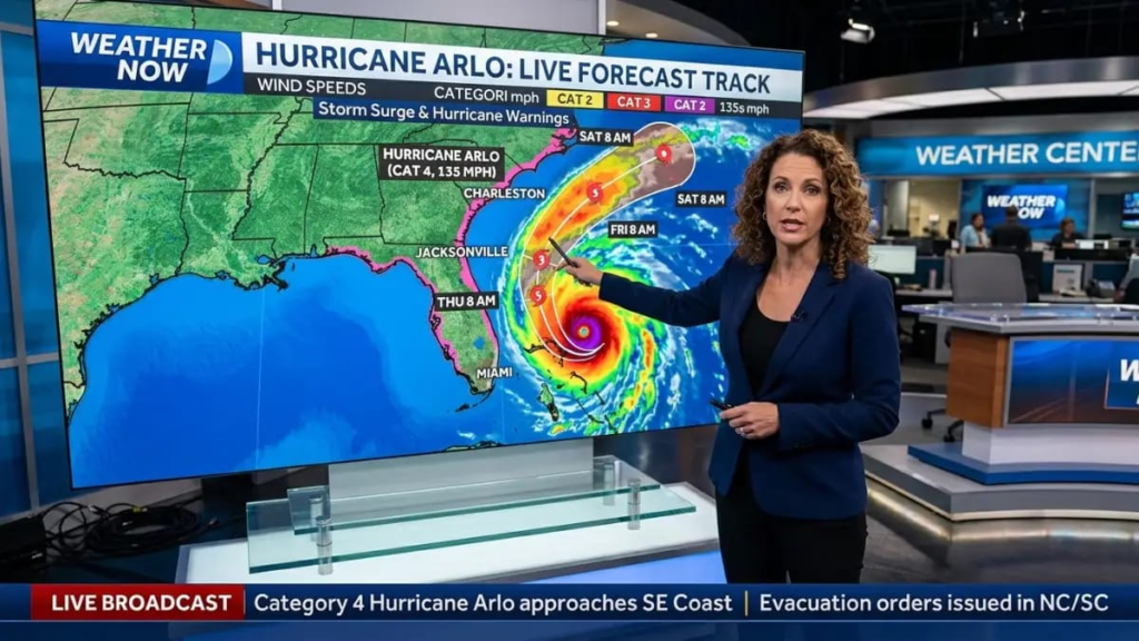 "List of 2025 hurricane names displayed on a weather forecast screen"