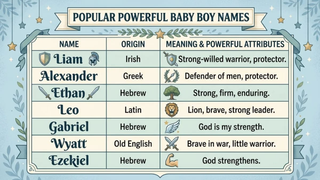 Table of popular powerful baby boy names with meanings