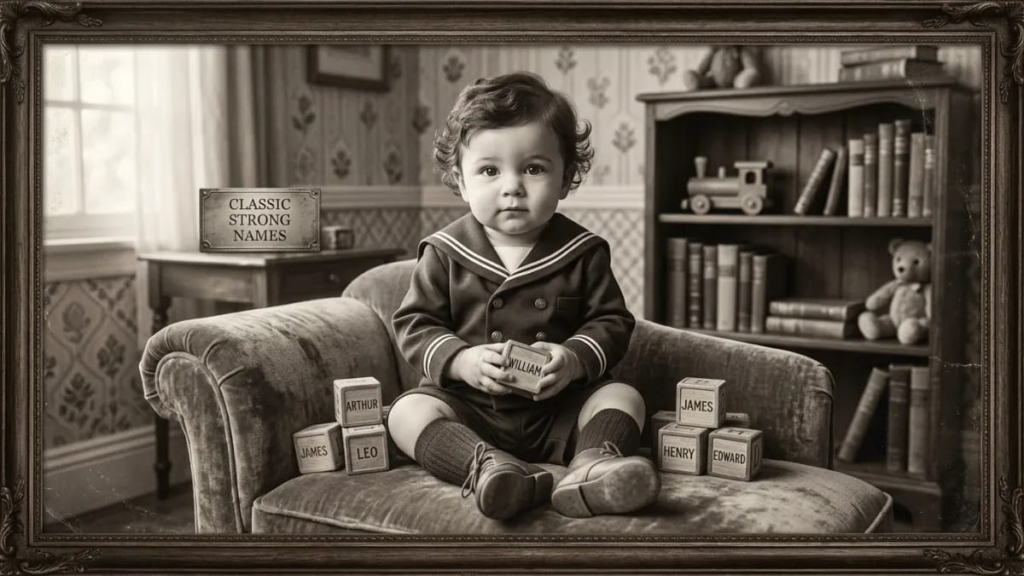 Vintage portrait of a baby boy representing classic strong names