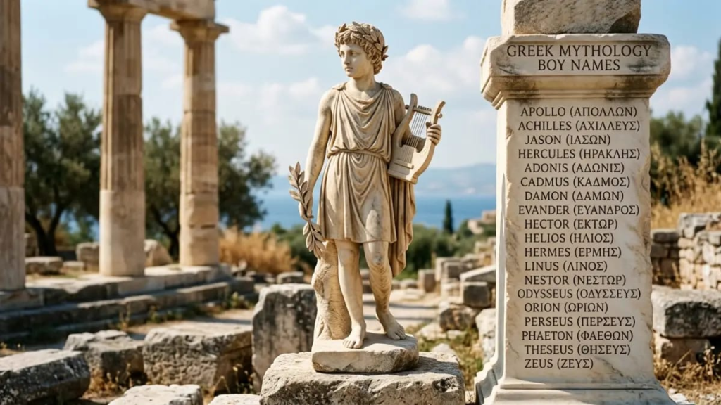 Ancient Greek statue representing mythology inspired boy names