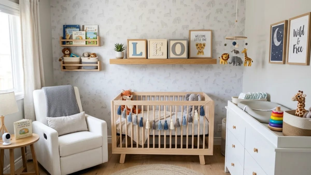 Modern baby boy nursery decor with letter blocks spelling a name