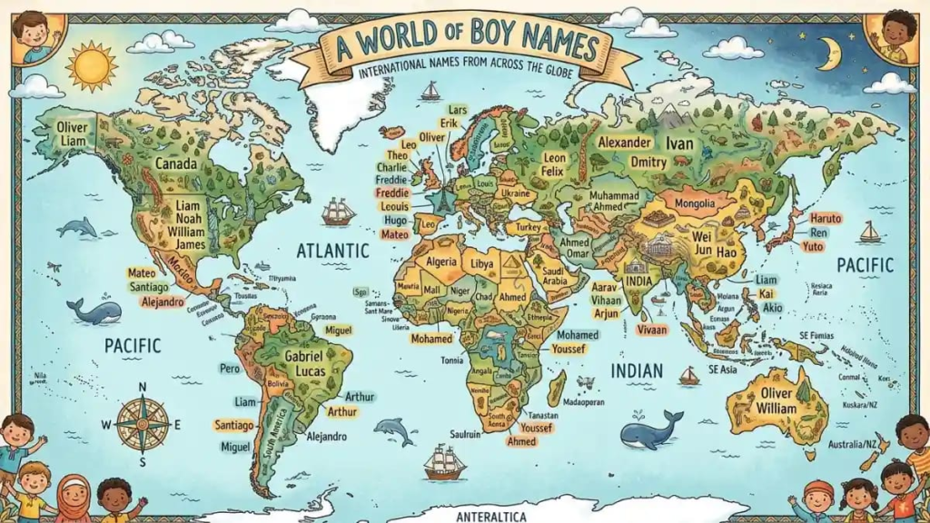World map illustration representing international boy names