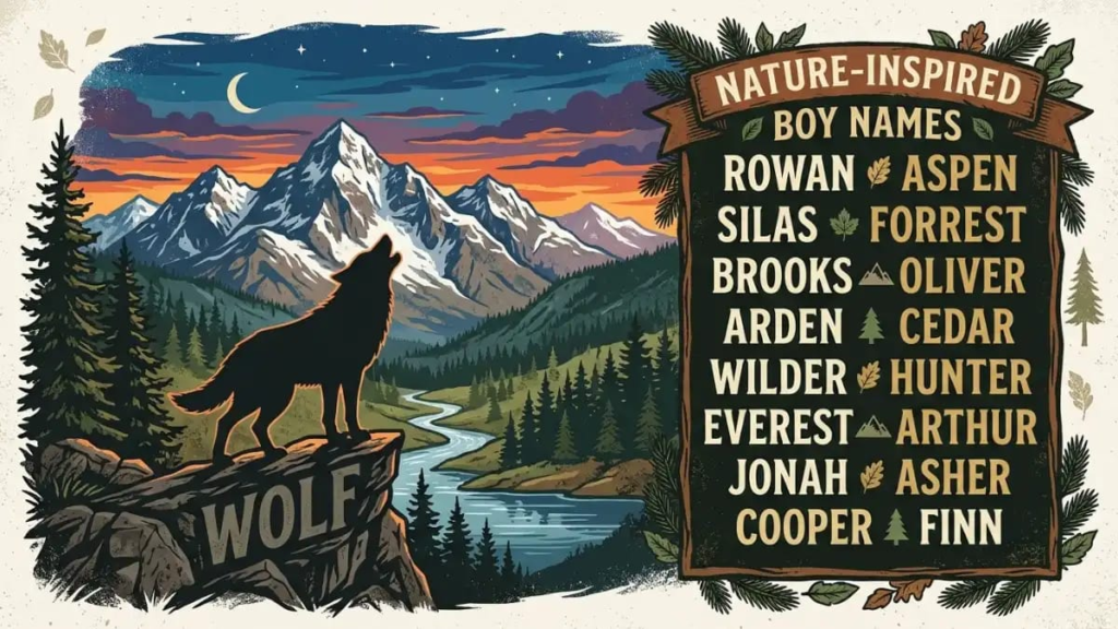 Mountain landscape and wolf silhouette for nature inspired boy names