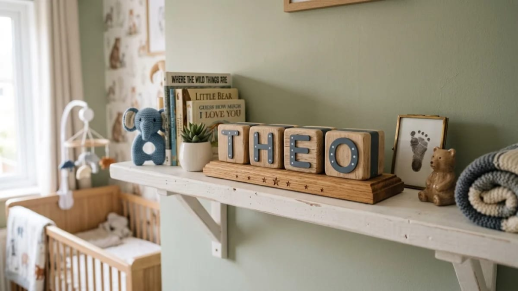 Baby boy name plaque with wooden letter blocks on a shelf