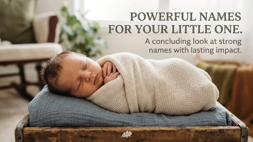 Newborn baby boy wrapped in blanket, closing image for powerful boy names article"]