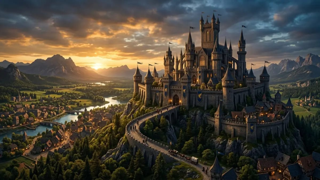 Fantasy castle on a hill representing a fictional kingdom names