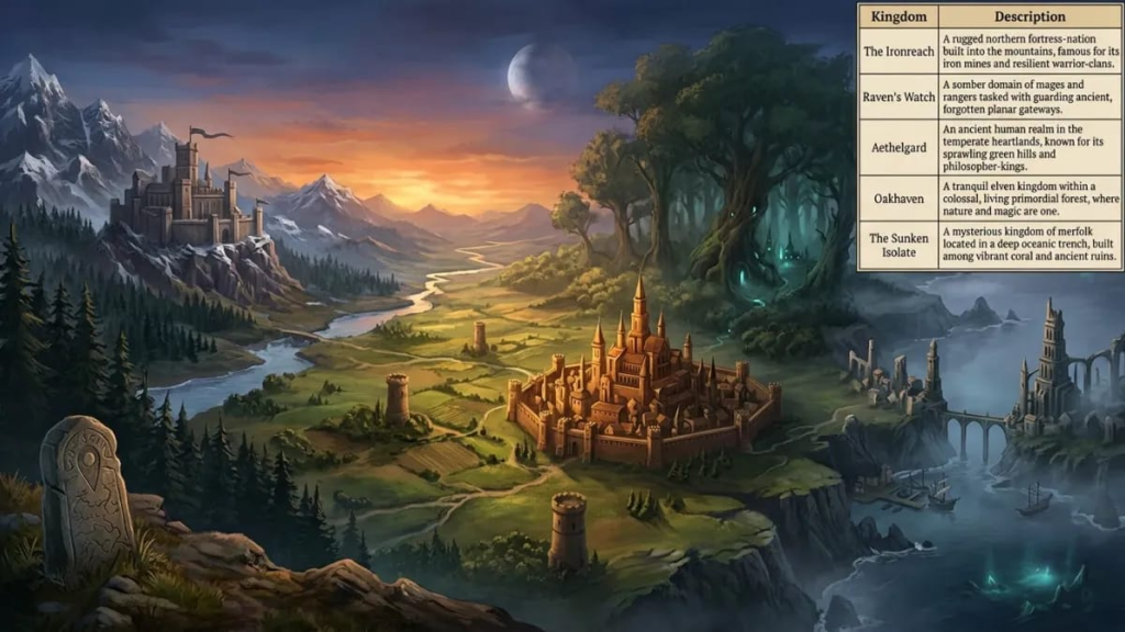 Table of popular fantasy kingdom names with descriptions