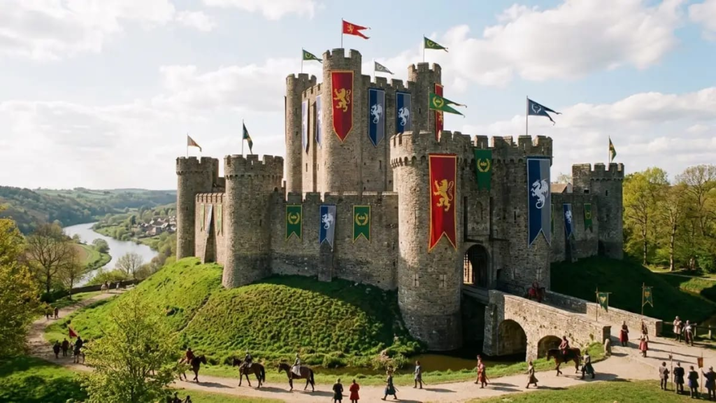 Medieval castle and banners representing a classic legendary kingdom names