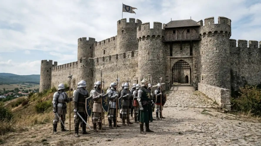 Armored soldiers standing before a fortified stronghold