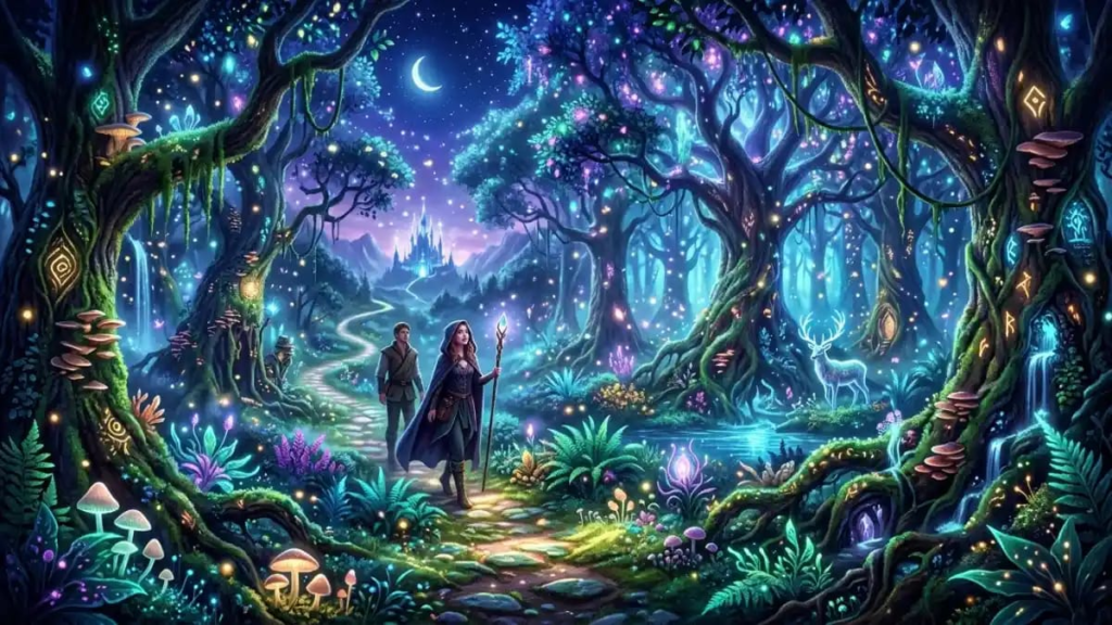 Glowing magical forest representing a mystical fantasy realm