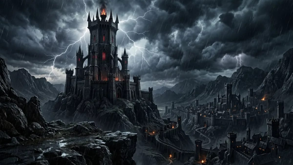 Dark ominous tower under a stormy sky representing a villain kingdom names