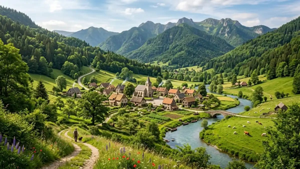 Peaceful green valley with a small village representing a nature kingdom