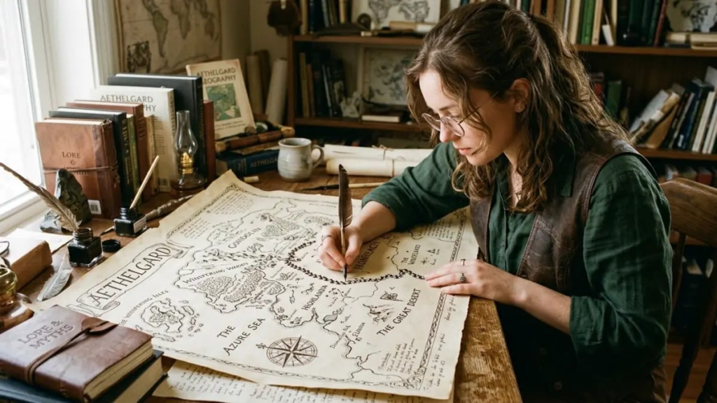 Writer sketching a fantasy world map with kingdom borders