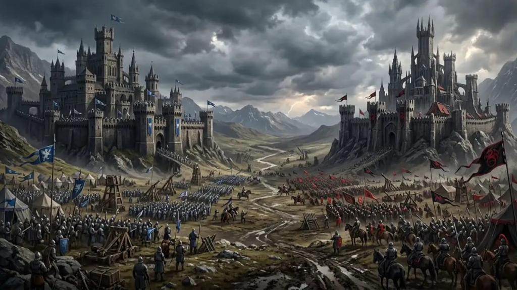 Two opposing fantasy castles facing each other across a battlefield