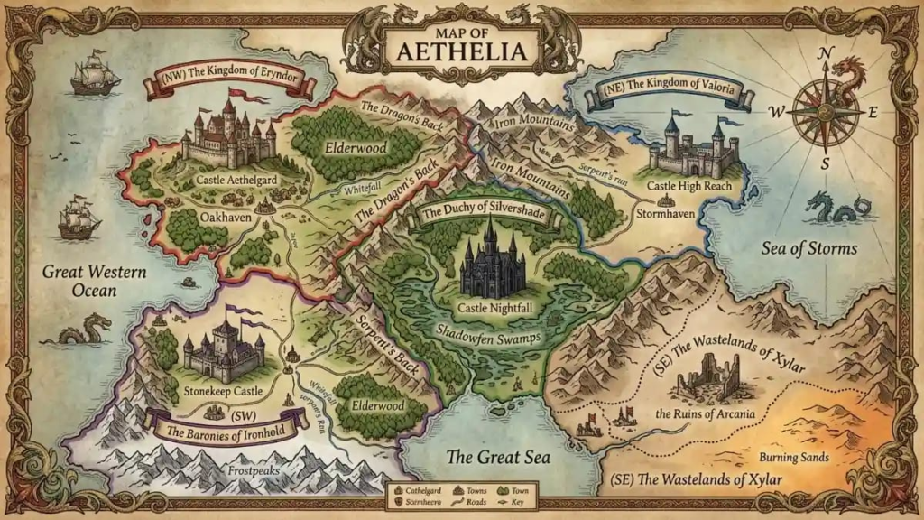 Fantasy map with illustrated kingdom borders and castles