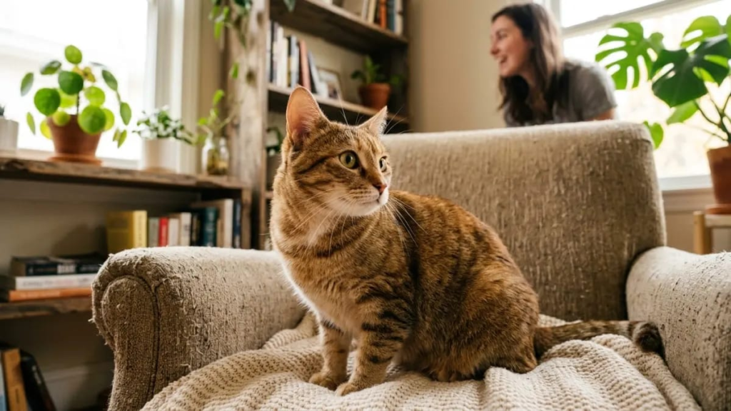 Researcher observing a cat's reaction during a name-response study"