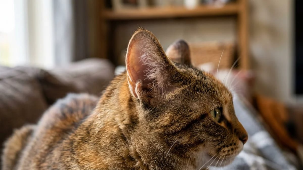 Close-up of a cat's ear rotating toward a sound"