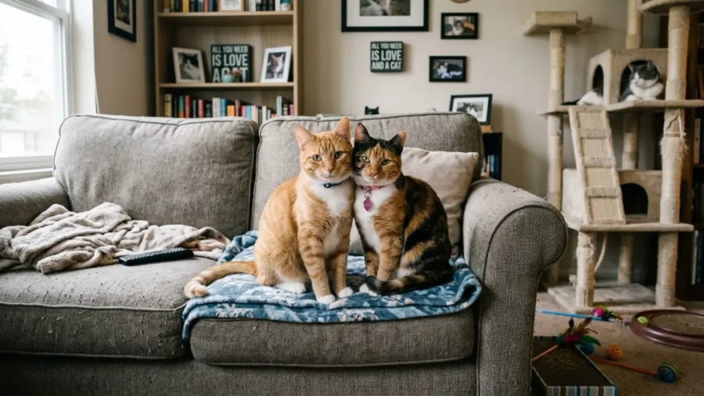 Two cats sitting side by side on a couch in a multi-cat household
