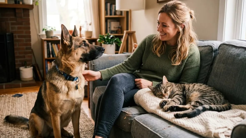 A dog alert and looking at its owner beside a relaxed, unbothered cat
