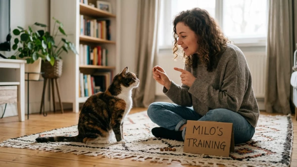 [IMAGE-08-treat.jpg] — A person holding out a treat to a cat that is looking up at them