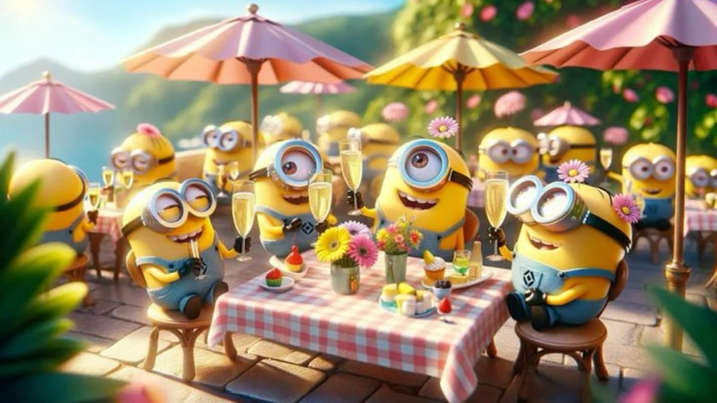 Minion-themed birthday party decorations and cupcakes