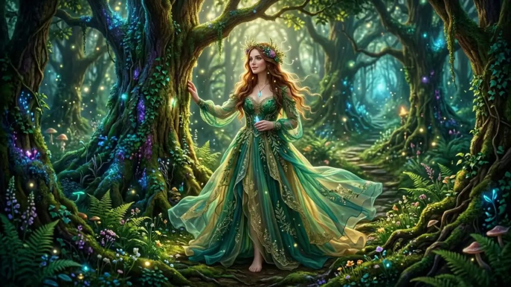 Fantasy girl in flowing dress standing in an enchanted forest